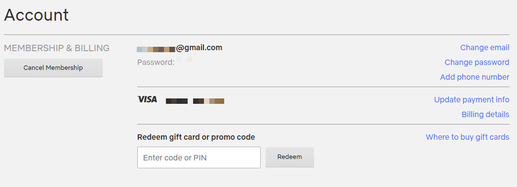 Account area on Netflix