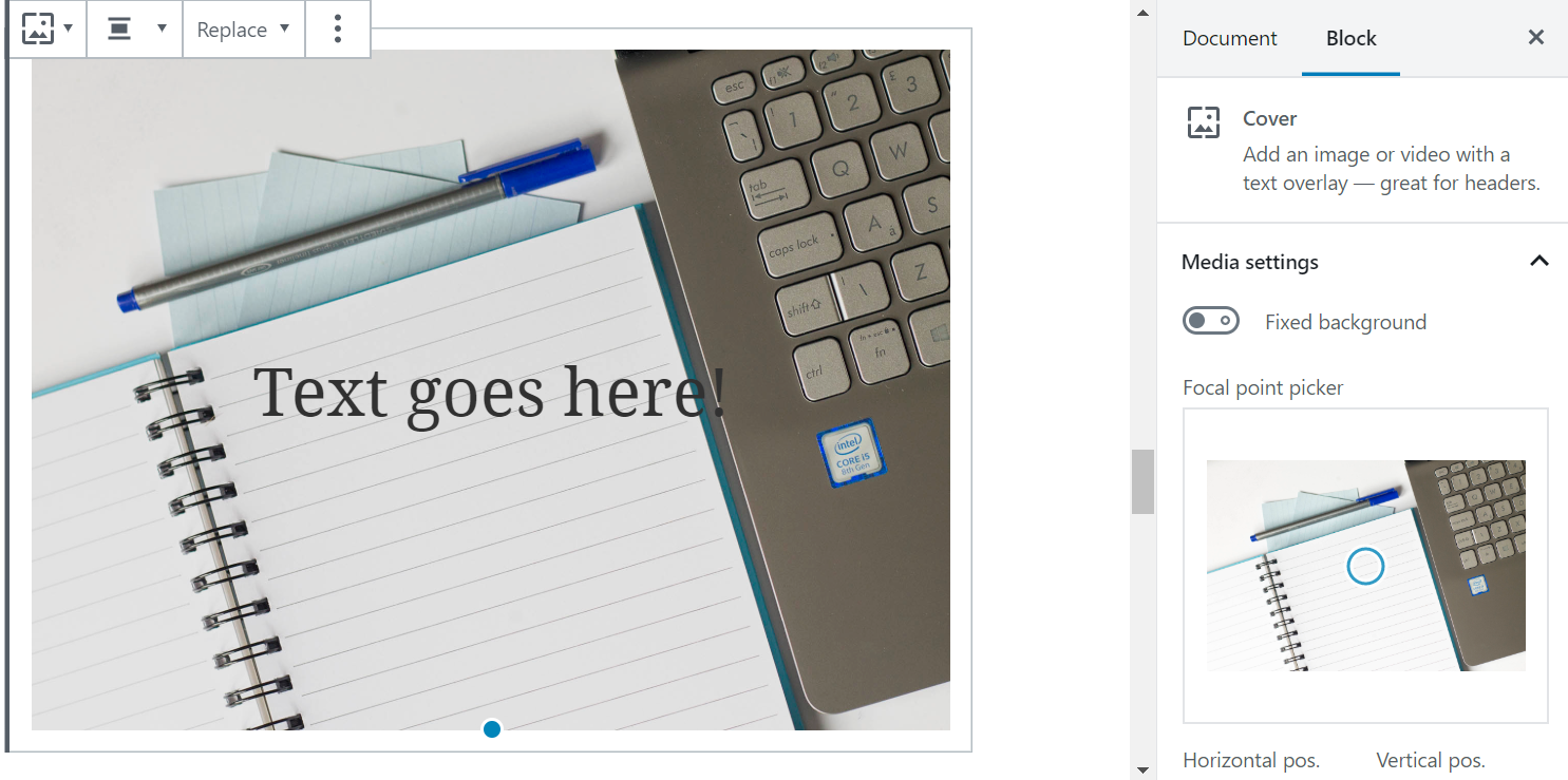 Screenshot demonstrating how to add a Cover block in the WordPress editor.