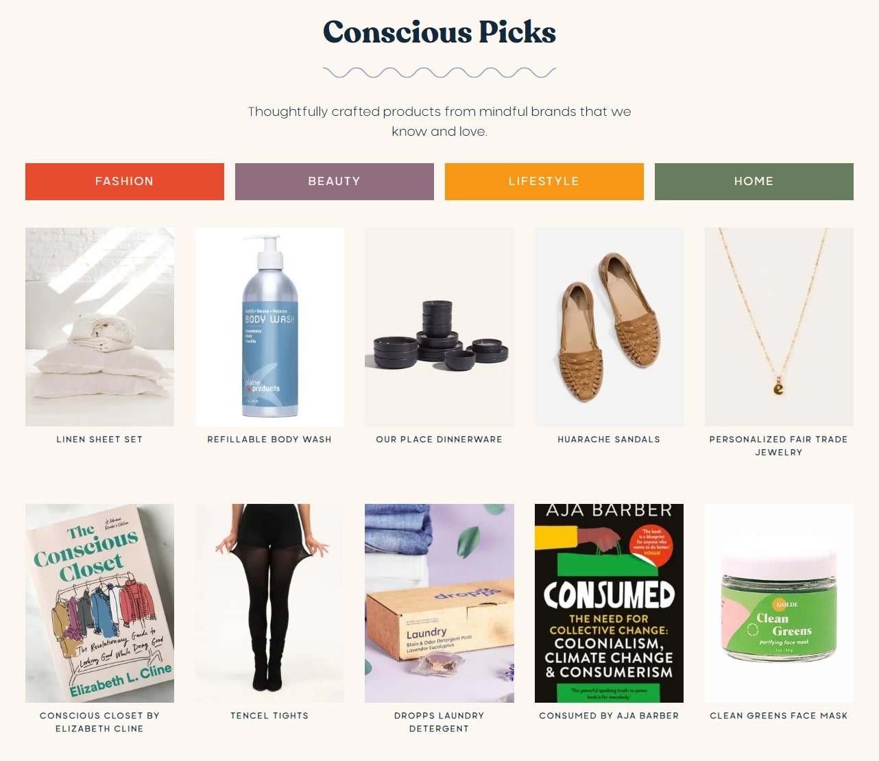 A screenshot of the affiliate shop page on the Conscious Life & Style website.