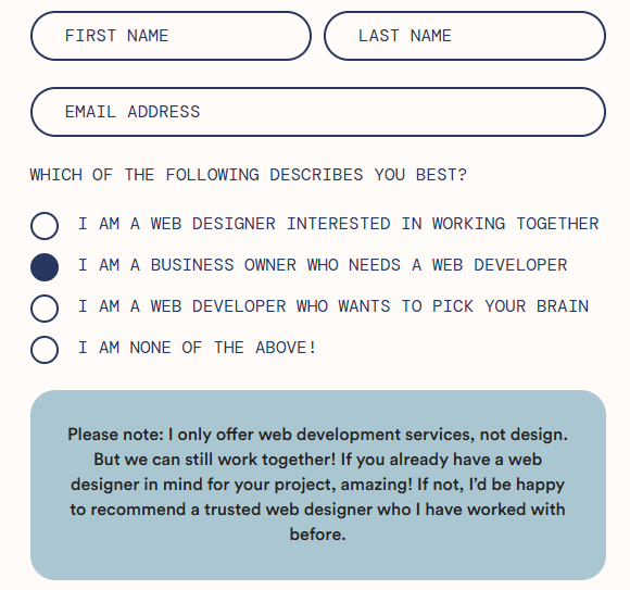 A screenshot showing the contact form on hollypryce.com with conditional logic functionality.
