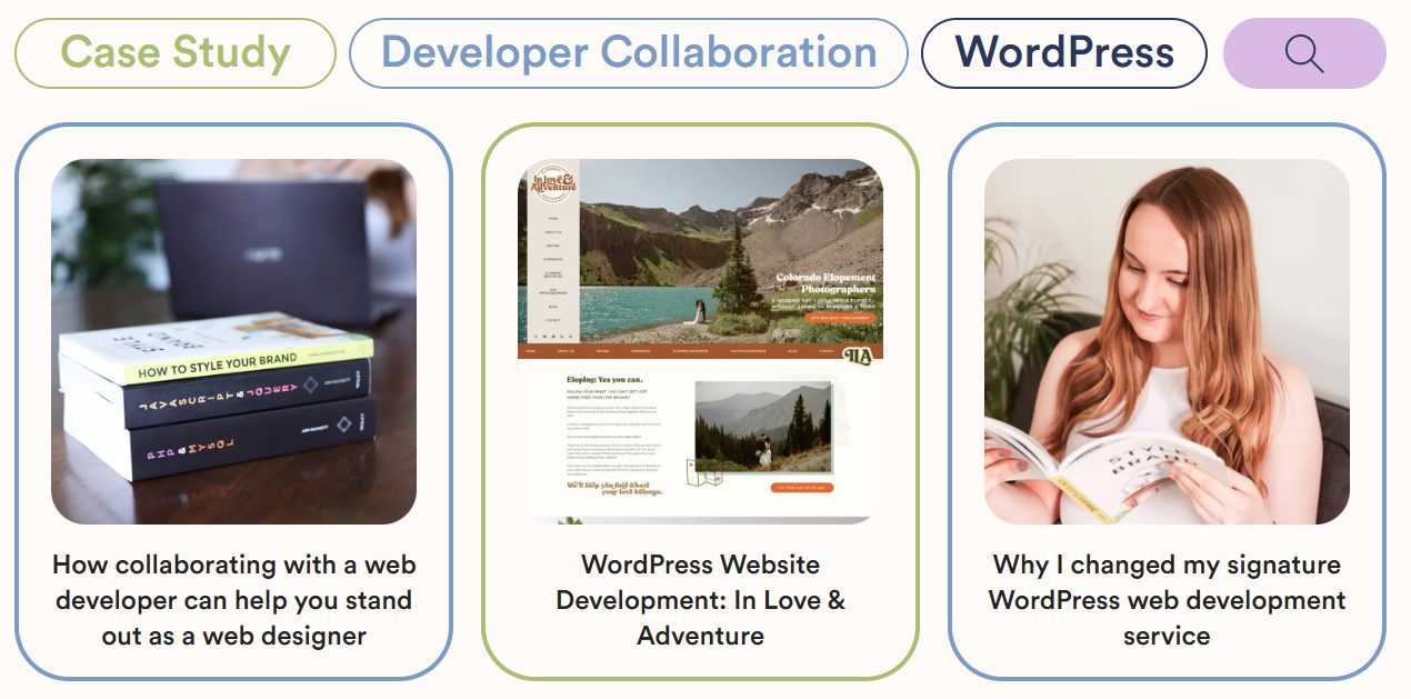A screenshot showing the search and filter functionality on the blog on hollypryce.com.
