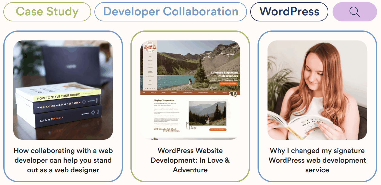 An animation showing the search bar pop out on the blog page of hollypryce.com.